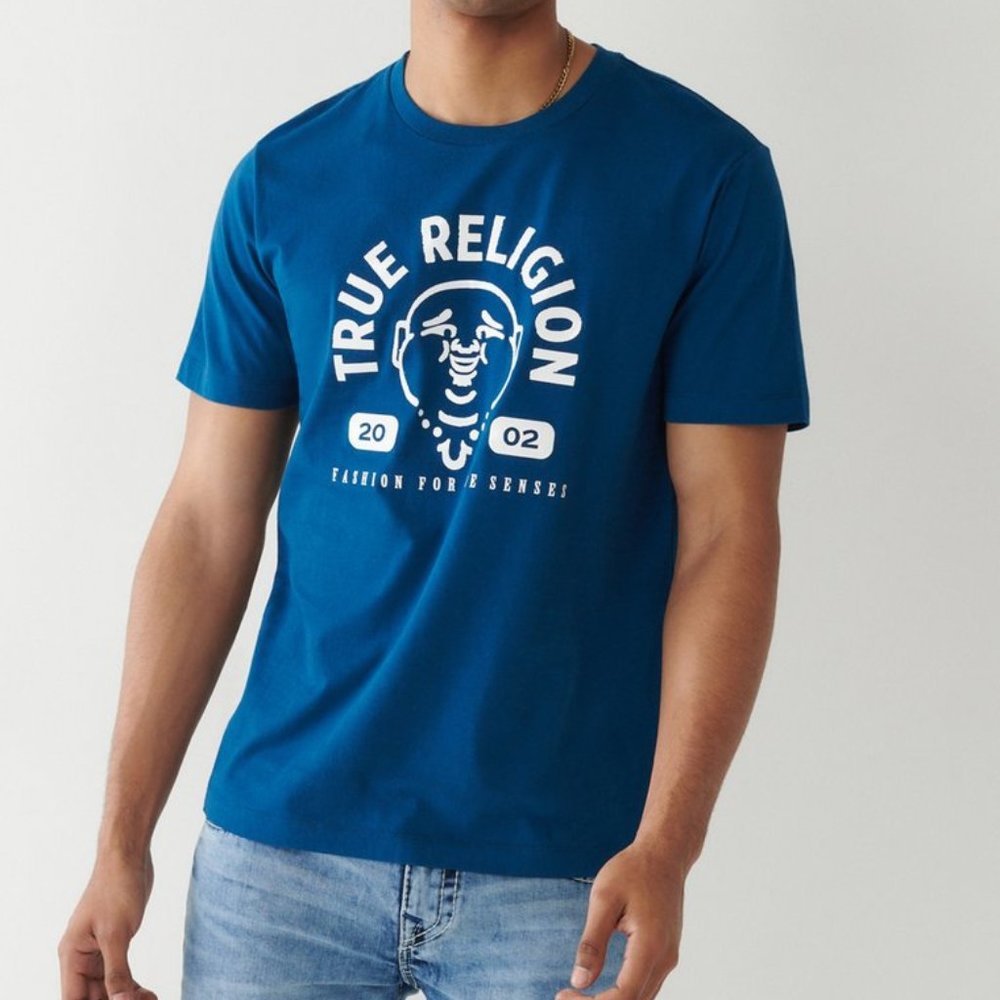 True Religion | Poseidon Blue & White Arch TR Buddha Crewneck Tee - Men